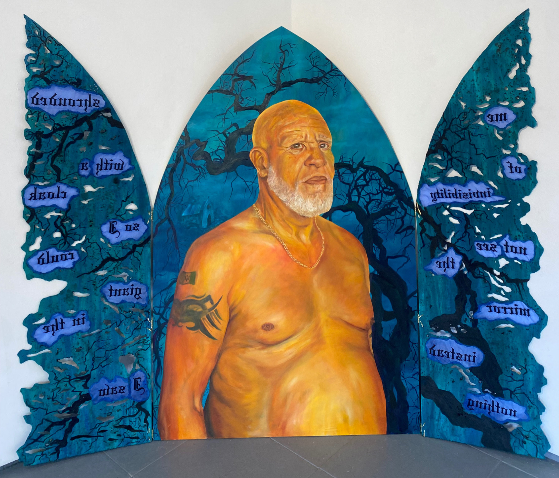 Bajan Man, German’s Boy, Oil on MDF, embroidery on organza and vlieseline, 154 x 185cm, 2024
(open)