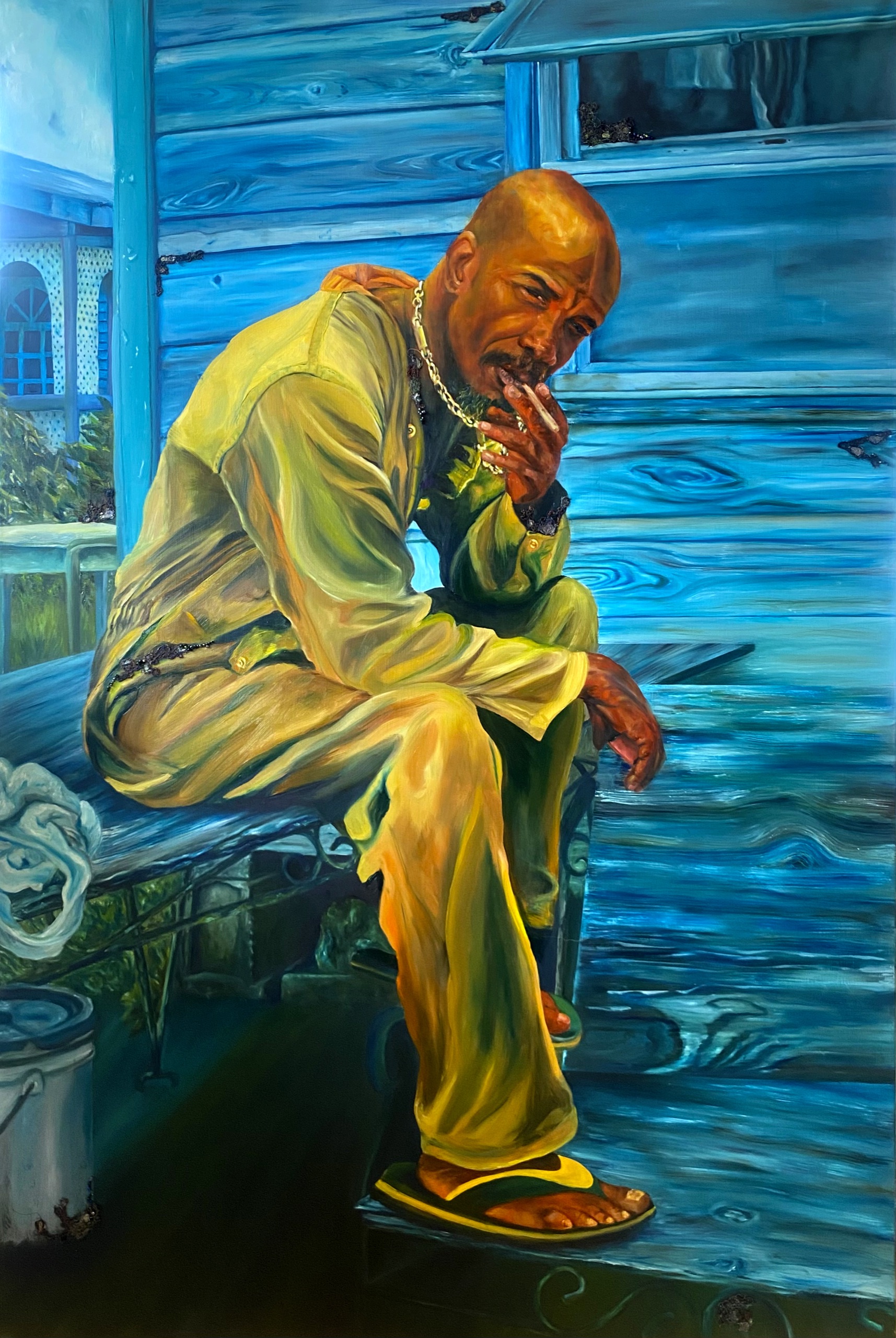 The Thinker, Oil and embroidery on canvas, 150 x 100cm, 2024