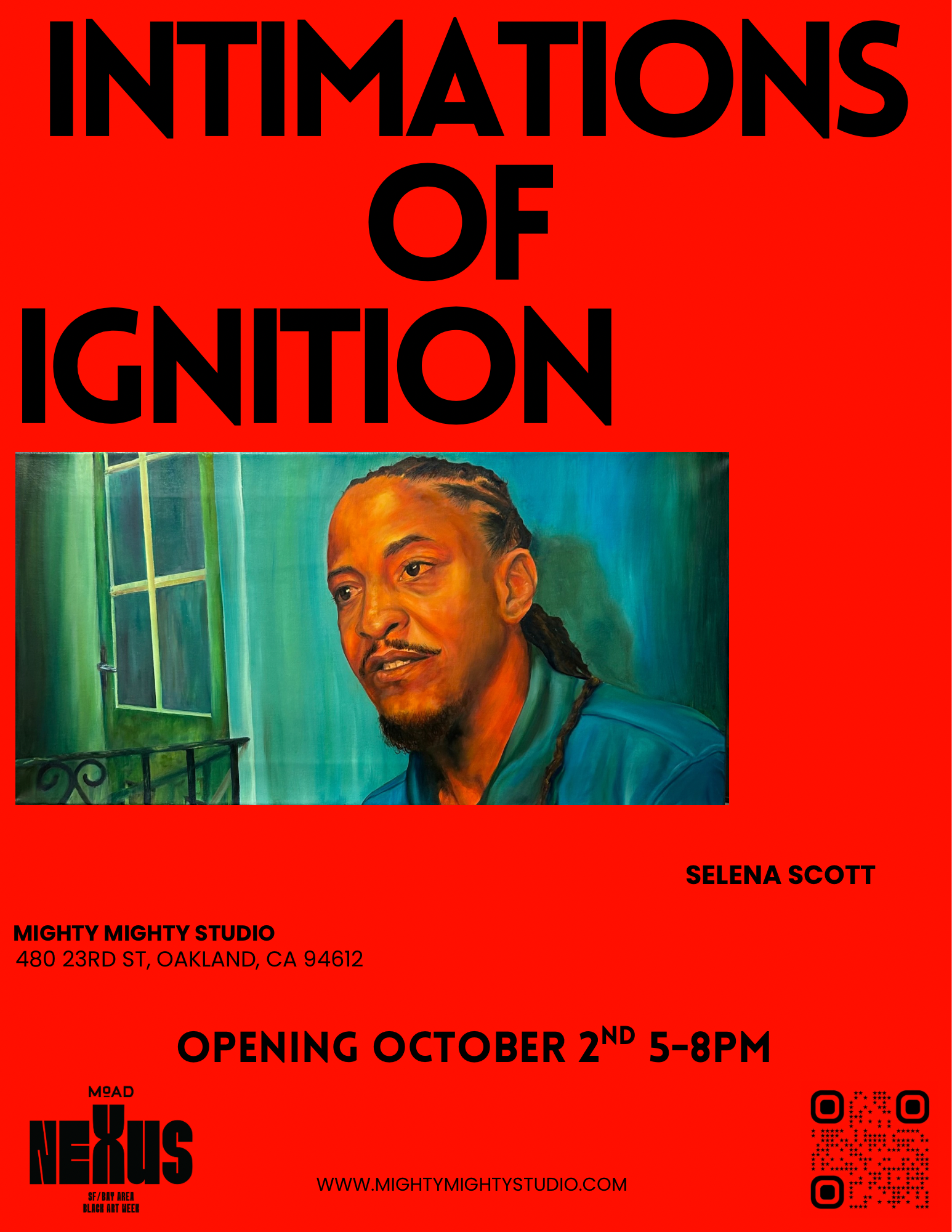 Intimations of Ignition exhibition poster by Selena Scott. Opening October 2, 5–8 PM at Mighty Mighty Studio, 480 23rd St, Oakland, CA 94612.